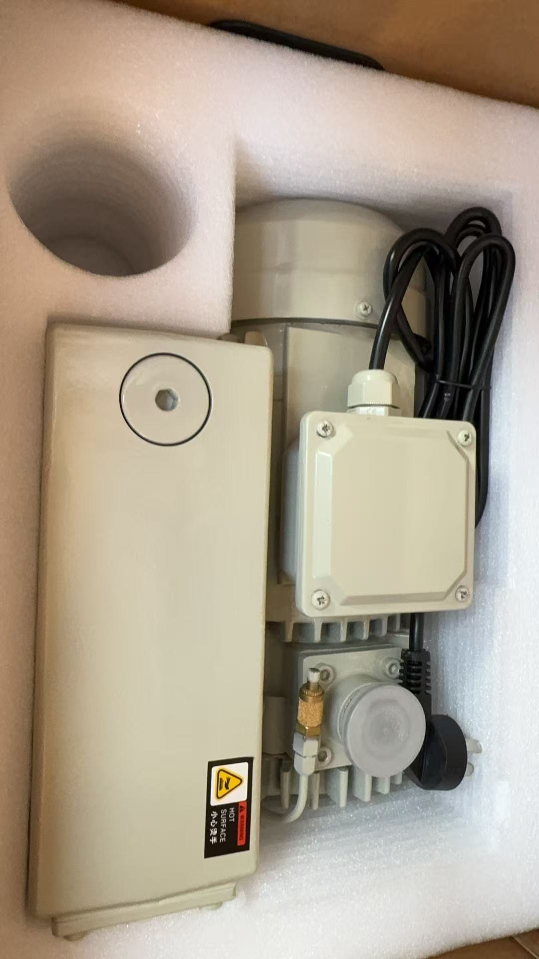 Rotary vane vacuum pump protected by fitted foam packaging
